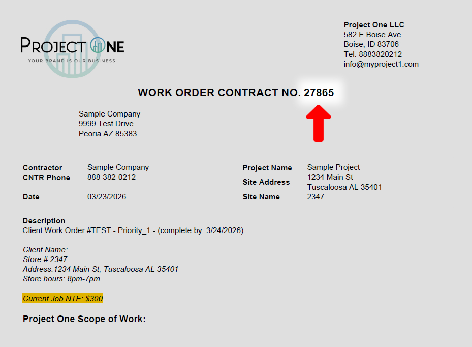 Example invoice screen highlighting where the contractor work order number appears.